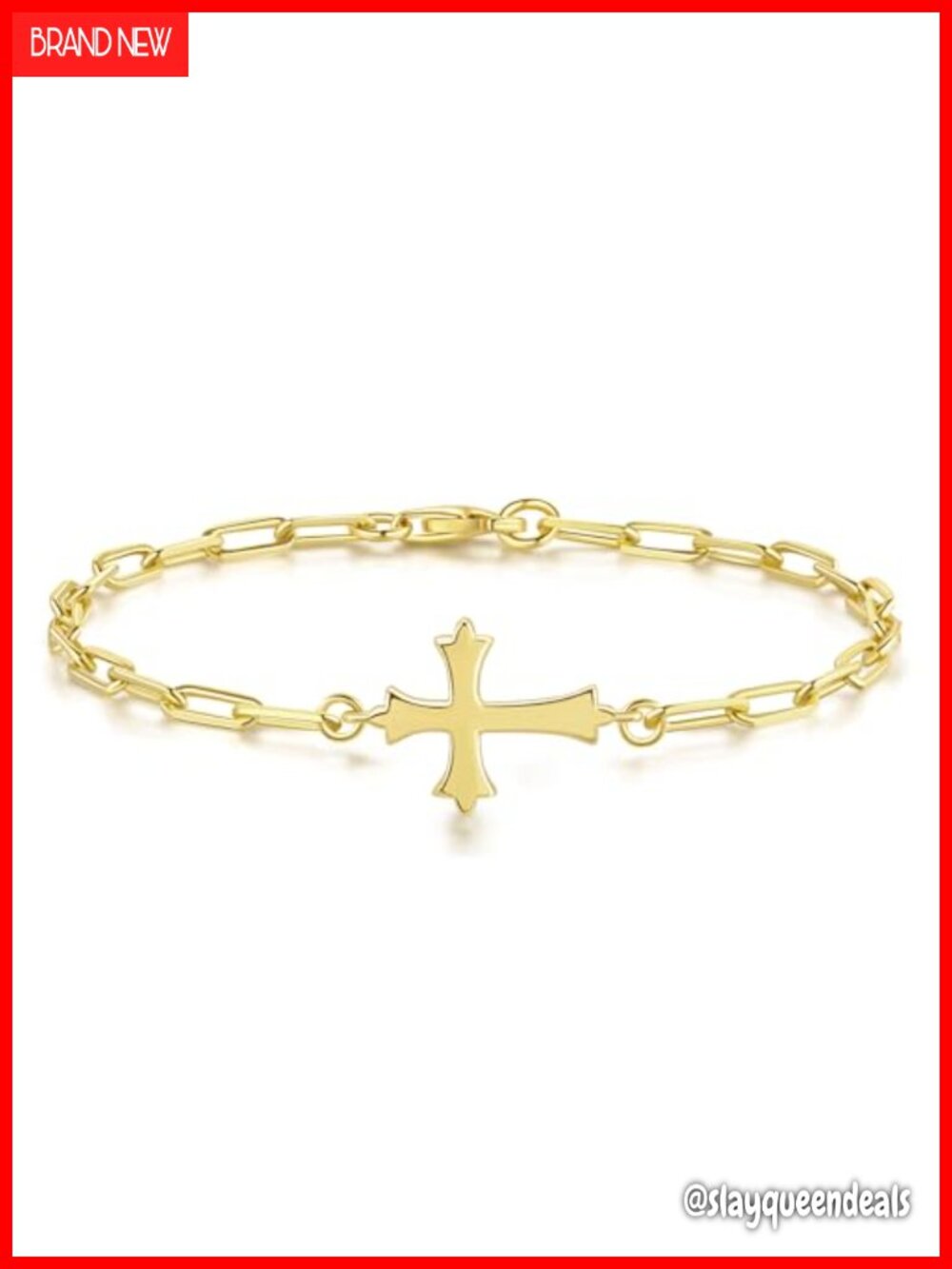 14K Gold Paperclip Bracelet with Cross Charm Lobster Clasp 6.7in